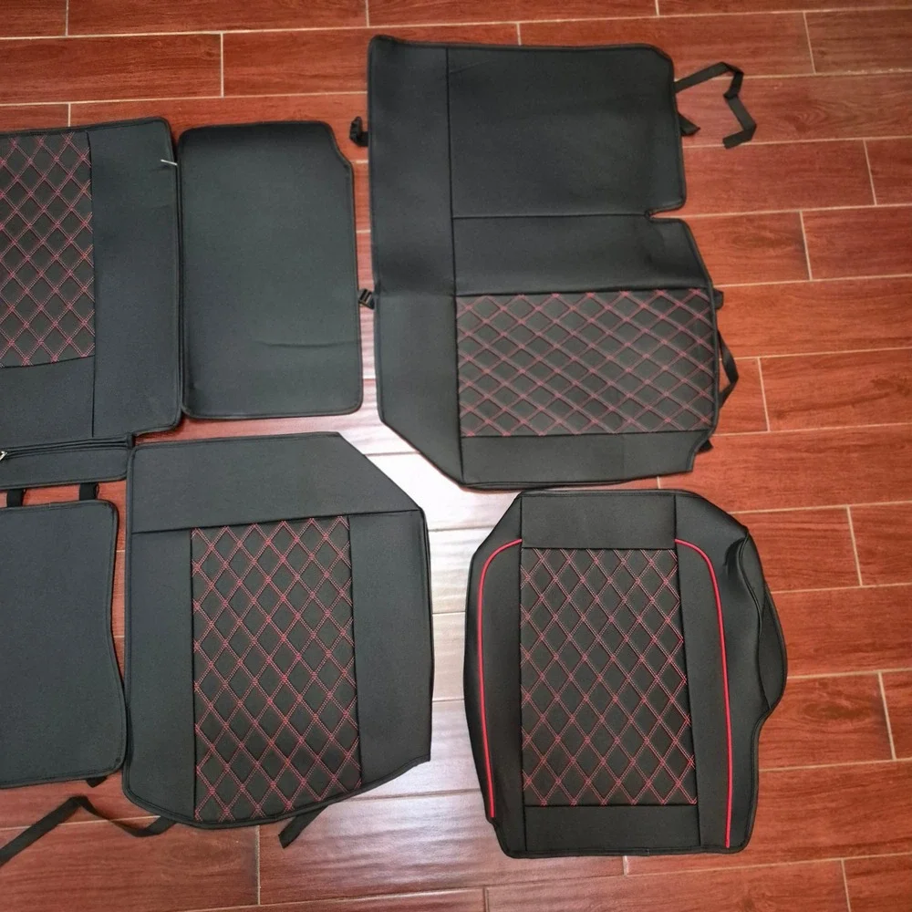 ROCCS‎ Seat Covers Black Faux Leather Red Diamond Stitch Full Set Truck/SUV